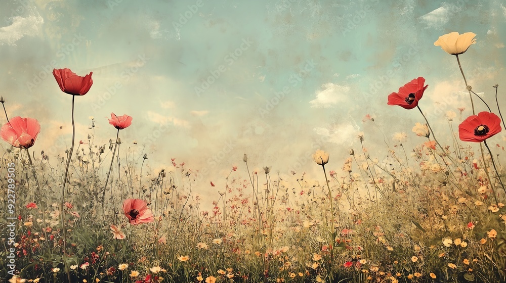 Obraz premium Fantasy flower field banner in vintage style