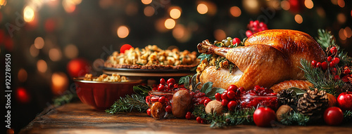 traditional thanksgiving dinner, food photo of bowls filled with thanks giving meal with roast turkey and other foods on a wooden table 