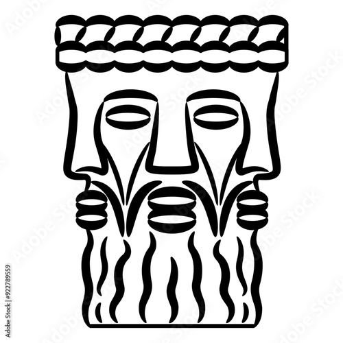 Head of Celtic god Lugh. Pagan trinity. Gaulish Deity Lugus. Three faced bearded man. Ethnic design. Black and white silhouette. 