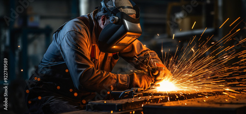 Construction worker grinding metal and making sparks