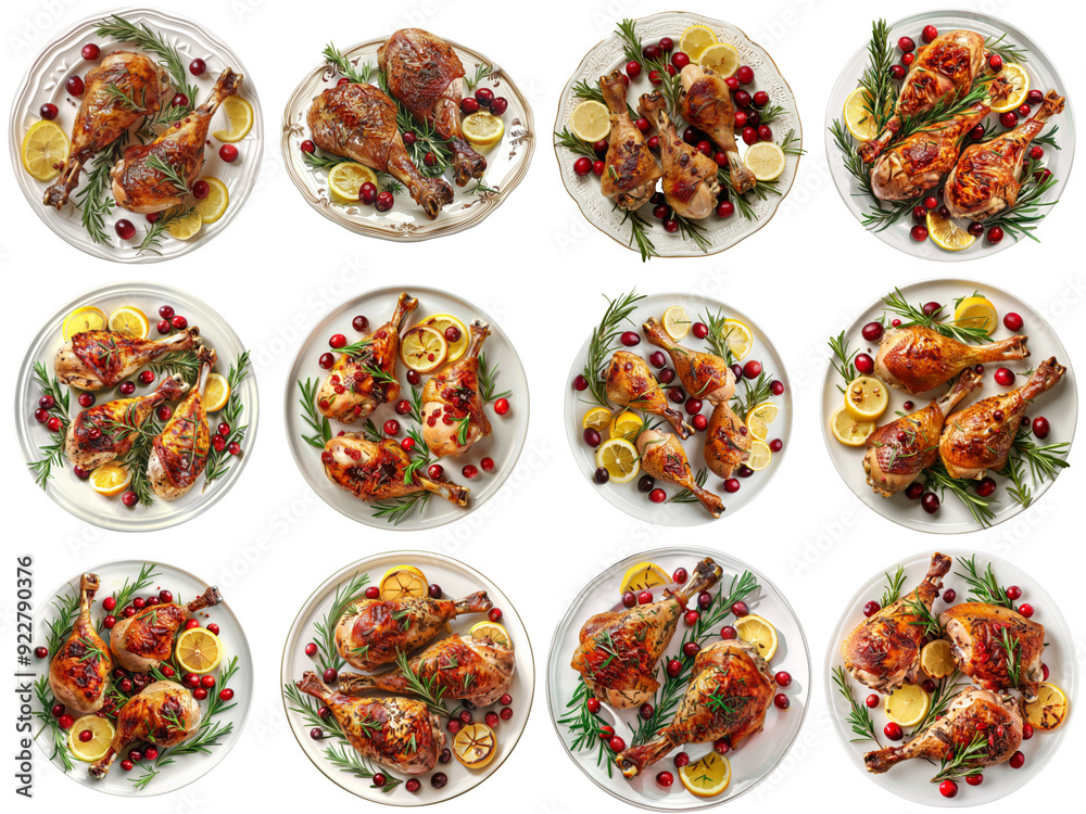 Twelve Plates of Roasted Turkey Legs with Rosemary, Lemon, and Cranberries Twelve Plates of Roasted Turkey Legs with Rosemary, Lemon, and Cranberries