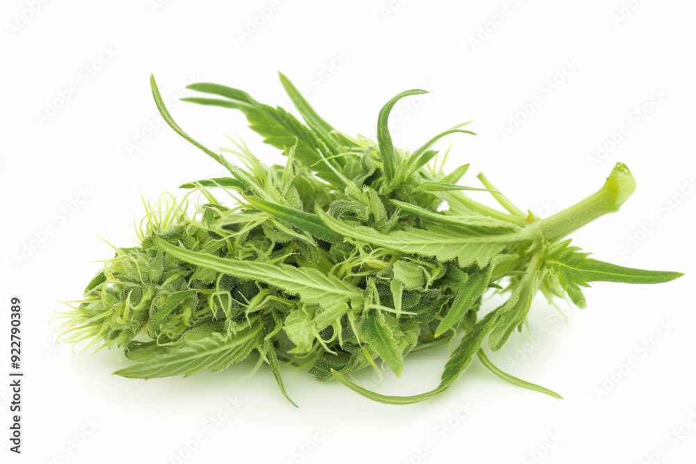 High-grade marijuana bud, rich in trichomes and with visible hairs, showcasing its potency, isolated on a white background High-grade marijuana bud, rich in trichomes and with visible hairs, showcasing its potency, isolated on a white background