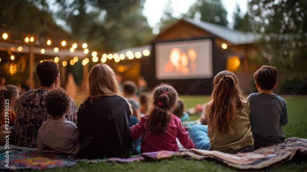 Families gather on blankets to watch a movie projected on a large screen, surrounded by trees and twinkling lights. Families gather on blankets to watch a movie projected on a large screen, surrounded by trees and twinkling lights.