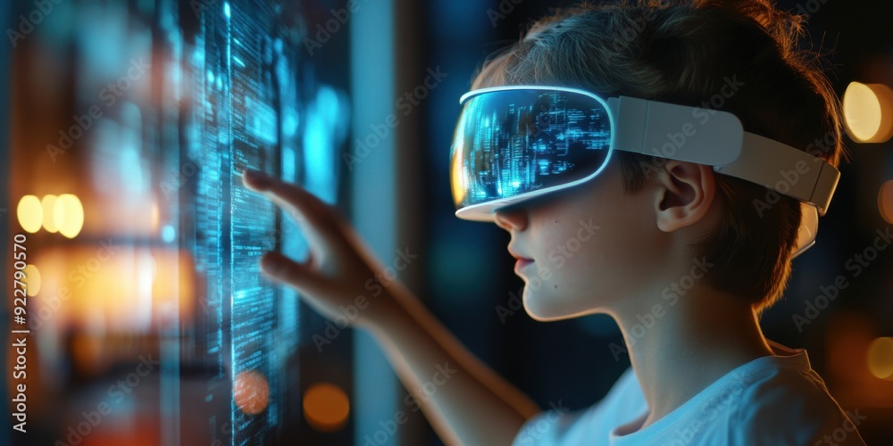 A child explores a digital world through virtual reality goggles, interacting with glowing data on a futuristic screen.