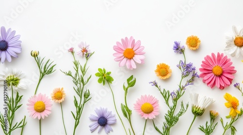 This is a stunning display showcasing an array of various colorful and vibrant flowers set against a pristine white background, which makes it ideal for springthemed projects and floral design work