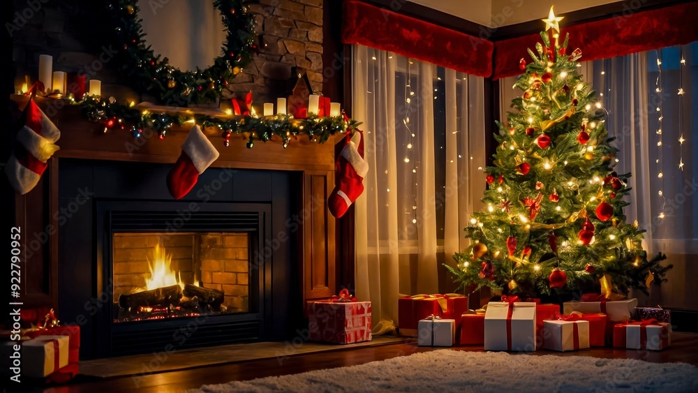 Cozy Christmas gathering with a beautifully decorated tree and warm fireplace glow in a festive living room Cozy Christmas gathering with a beautifully decorated tree and warm fireplace glow in a festive living room