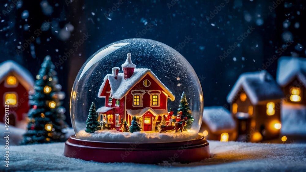 Charming Snow Globe Featuring a Festive Village With a Cozy Red House Surrounded by Snow-Covered Trees During a Winter Night Charming Snow Globe Featuring a Festive Village With a Cozy Red House Surrounded by Snow-Covered Trees During a Winter Night