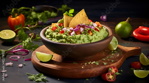 Vibrant, Fresh and Flavorful Guacamole Preparation Scene on Rustic Wooden Background