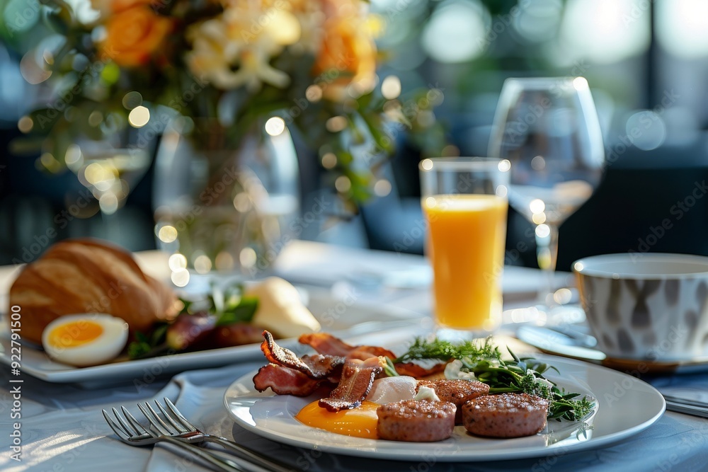 In the hotel restaurant, breakfast is served with coffee, fresh orange juice, and eggs. In the hotel restaurant, breakfast is served with coffee, fresh orange juice, and eggs.