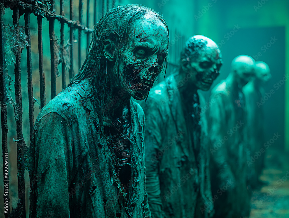 Podium background zombie apocalypse product display 3D brains stand broken fences. Halloween podium with zombies, shattered fences, and eerie green lighting, capturing the horror of a zombie outbreak. Podium background zombie apocalypse product display 3D brains stand broken fences. Halloween podium with zombies, shattered fences, and eerie green lighting, capturing the horror of a zombie outbreak.