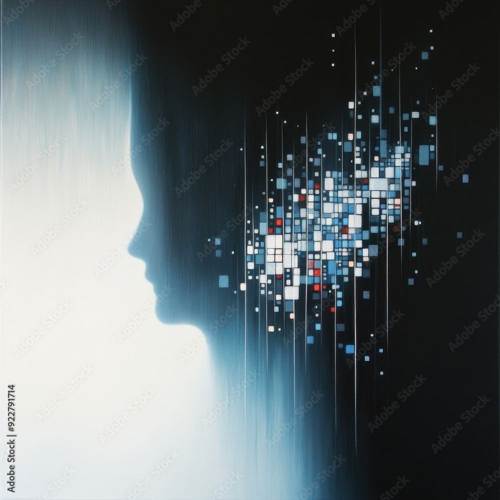An abstract representation of a human silhouette with fragmented digital patterns, symbolizing creativity and modern technology. An abstract representation of a human silhouette with fragmented digital patterns, symbolizing creativity and modern technology.