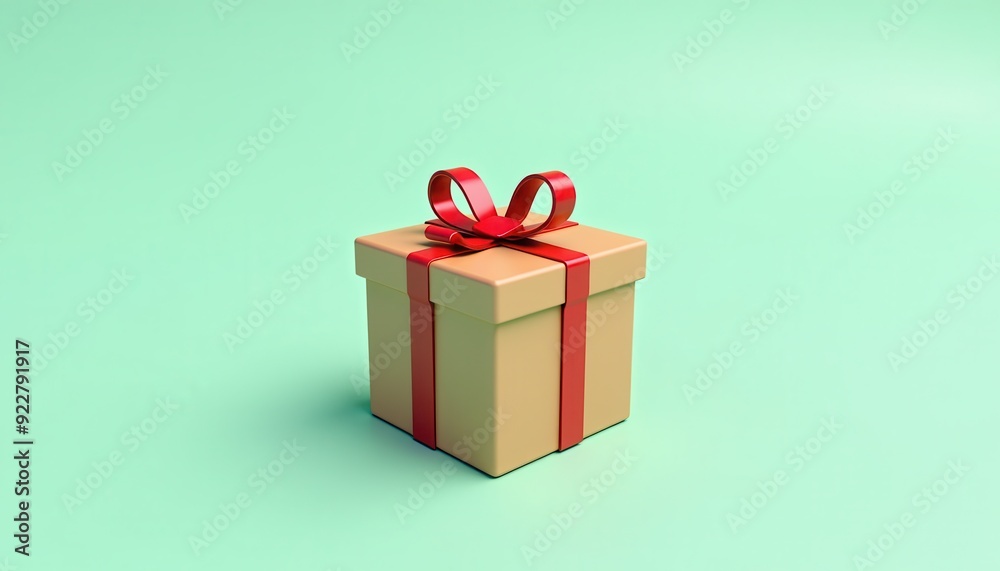 A neatly wrapped gift box with a red ribbon and bow against a mint green background. A neatly wrapped gift box with a red ribbon and bow against a mint green background.