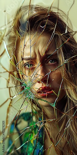 Dramatic and intense representation of a beautiful woman behind broken glass. A surreal and abstract visual style, which suggests moments of crisis: divorce, breakup, murder, ephemeral beauty. Abuse