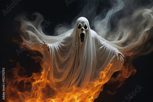 Ghost, Halloween, spooky, scary, horror, supernatural, apparition, specter, phantom, spirit, haunting, eerie, creepy, nightmare, costume, mask, sheet, white, flames, fire, smoke, dark, night, screamin photo