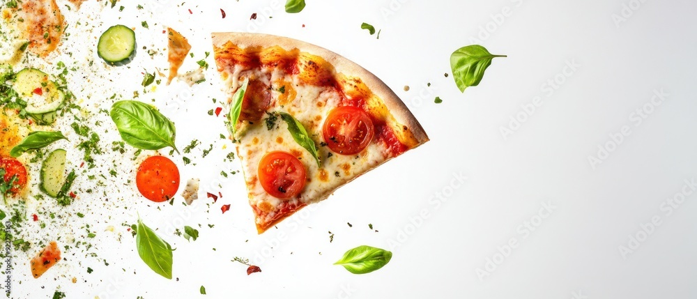 A Slice of Pizza with Basil and Tomatoes in Mid-Air A Slice of Pizza with Basil and Tomatoes in Mid-Air