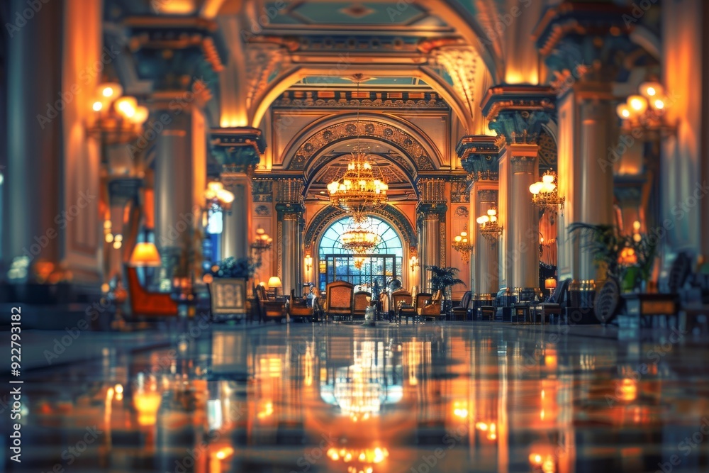 Obraz premium This is the lobby of a luxury hotel with carpets, furniture, and large pillars.