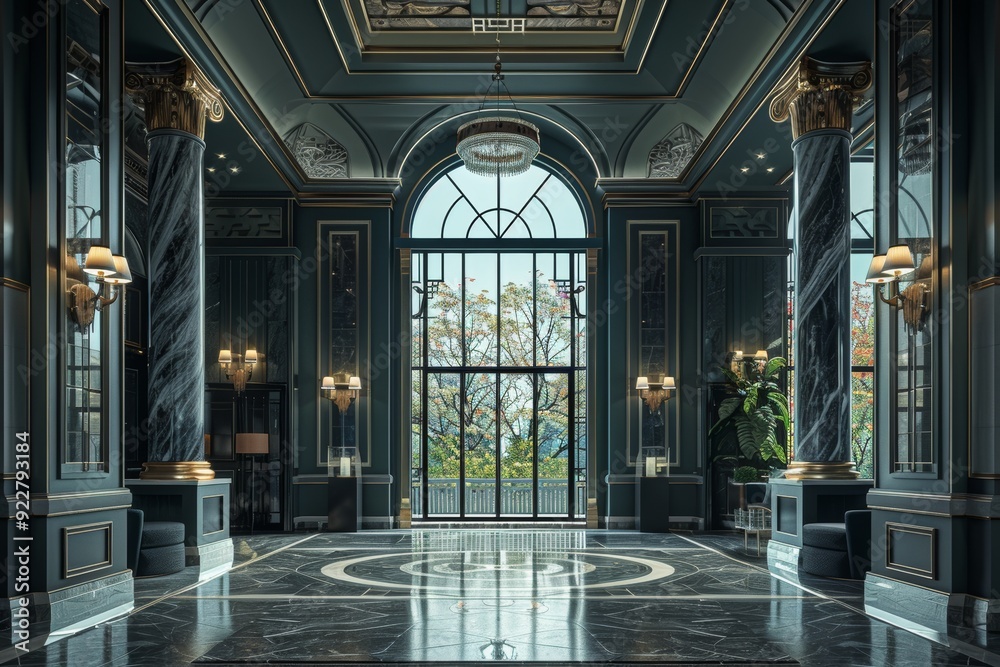 Featuring pillars and furniture, this hotel lobby is large and luxurious Featuring pillars and furniture, this hotel lobby is large and luxurious