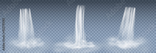 Waterfall cascade with fog isolated on transparent background. Vector 3d water fall pattern, landscape mountain elements design