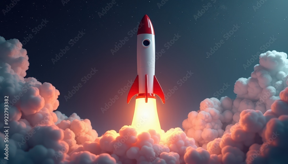 A rocket launching amid clouds with a glowing orange exhaust, heading into a starry night sky. A rocket launching amid clouds with a glowing orange exhaust, heading into a starry night sky.