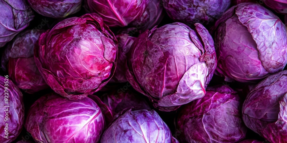 A vibrant and colorful closeup image of fresh, purple cabbages highlighting their unique textures as well as colors A vibrant and colorful closeup image of fresh, purple cabbages highlighting their unique textures as well as colors