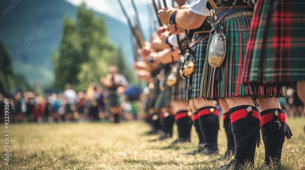Participants in kilts stand in formation at a Scottish games event, showcasing their attire and tradition in a lively outdoor atmosphere. Participants in kilts stand in formation at a Scottish games event, showcasing their attire and tradition in a lively outdoor atmosphere.