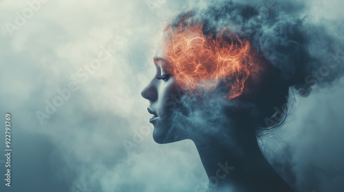 woman's head is depicted with smoke and fire coming out of her brain, symbolizing emotional pain or mental health issues.