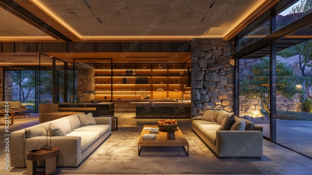 In a spacious hotel lobby, modern interior design and contemporary decor are highlighted with elegant furniture and a sophisticated style. In a spacious hotel lobby, modern interior design and contemporary decor are highlighted with elegant furniture and a sophisticated style.