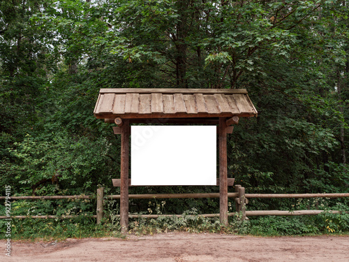A wooden sign is sitting in a forest. The sign is empty and white for any message. The forest is lush and green, with trees surrounding the sign. Information and advertisement board.