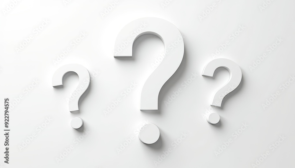 Three large white question marks against a plain light background. Three large white question marks against a plain light background.