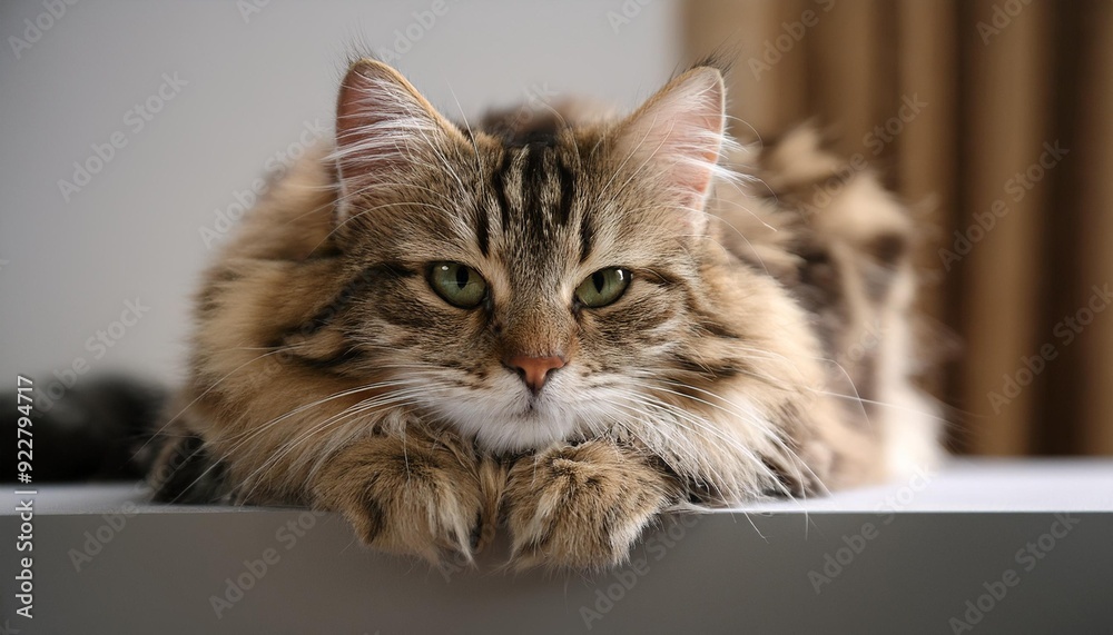 A fluffy cat with a soft, striped fur coat is lying comfortably on a surface, creating a sen