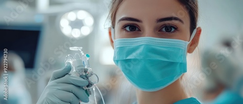 Female Healthcare Worker Wearing a Mask and Gloves Holding a Medical Device photo