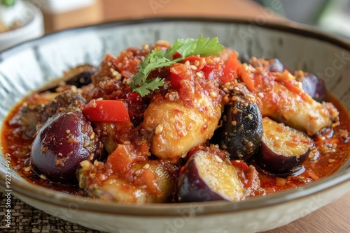 Fried chicken with chili sauce and eggplant on layah. Indonesian special food. East Javanese tomato chili sauce. - generative ai photo