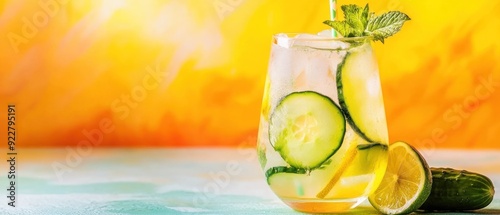 Refreshing Cucumber and Lemon Summer Drink in a Glass photo