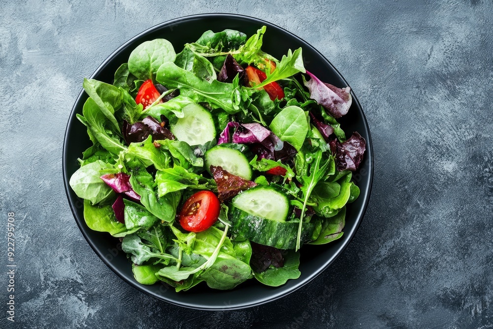 Green vegan salad from green leaves mix and vegetables. Top view on gray stone table. - generative ai Green vegan salad from green leaves mix and vegetables. Top view on gray stone table. - generative ai