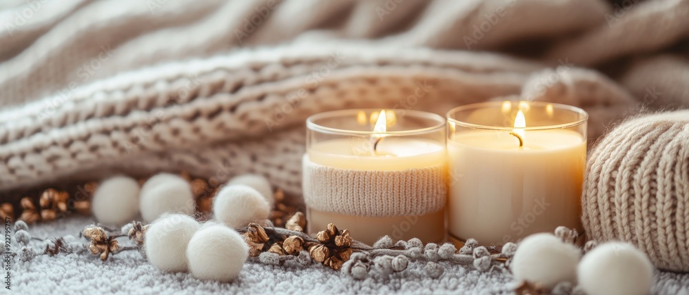 Two Burning Candles Surrounded by Cozy Winter Decor Two Burning Candles Surrounded by Cozy Winter Decor