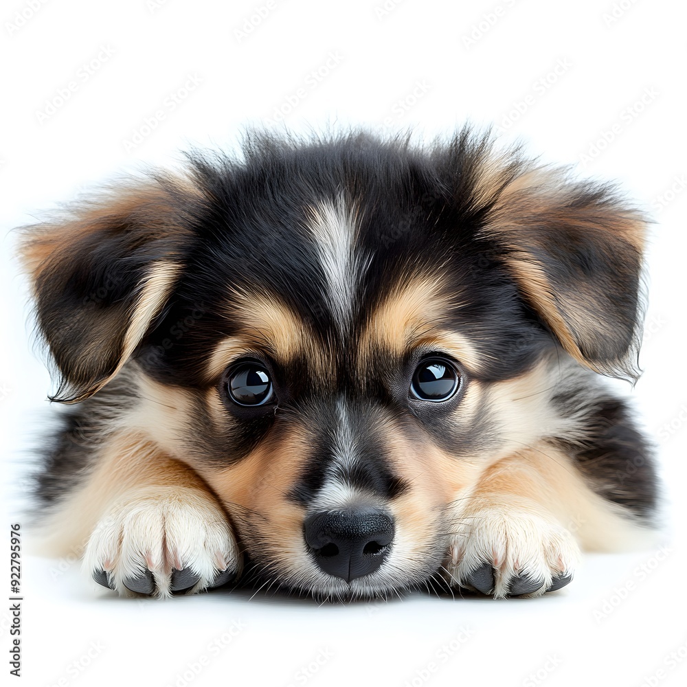 Fototapeta premium A fluffy puppy lying down on a white background, with its head tilted and ears perked up, exuding cuteness and curiosity