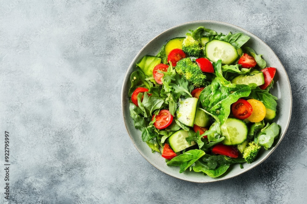 Green vegan salad from green leaves mix and vegetables. Top view on gray stone table. - generative ai