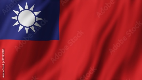 3D rendering of Taiwan flag featuring red field with blue canton bearing white sun symbolizing freedom and independence. Taiwanese national flag fluttering in wind, patriotic concept