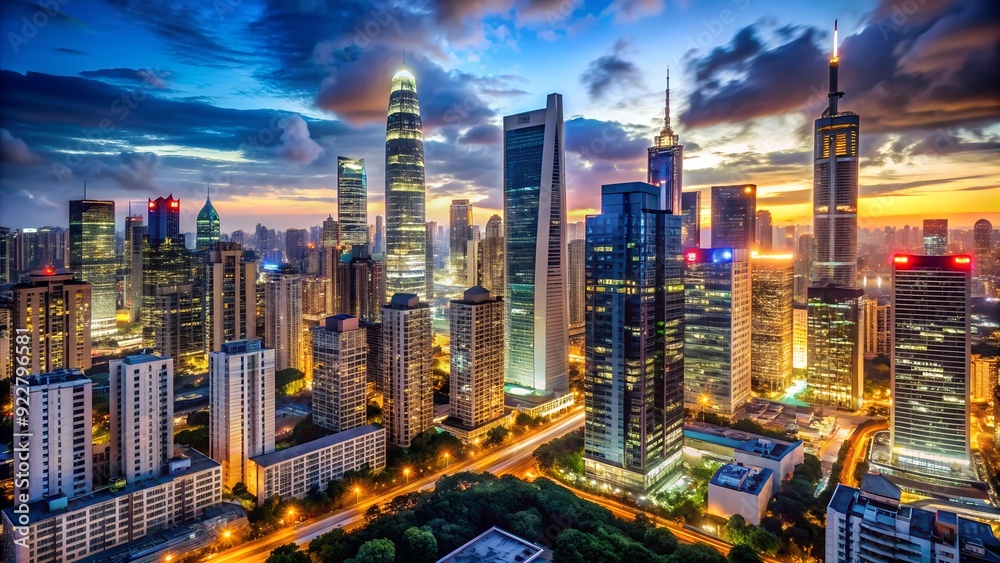 Obraz premium Dynamic city skyline with illuminated buildings and lights