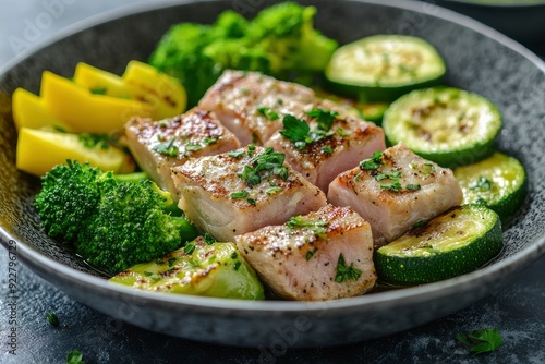 Grilled tuna steak with broccoli and zucchini in modern ceramic plate. Healthy food - roasted tuna with green vegetables. Fish dish in minimal style. - generative ai