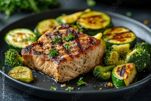 Grilled tuna steak with broccoli and zucchini in modern ceramic plate. Healthy food - roasted tuna with green vegetables. Fish dish in minimal style. - generative ai