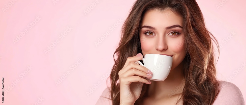 Beautiful Woman with Long Brown Hair Holding a White Cup Beautiful Woman with Long Brown Hair Holding a White Cup