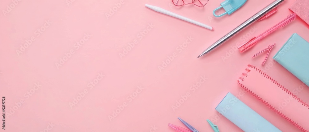 Pink and Blue Stationery Supplies on a Pink Background Pink and Blue Stationery Supplies on a Pink Background