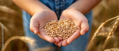 Child's Hands Holding a Pile of Wheat Grains in a Field