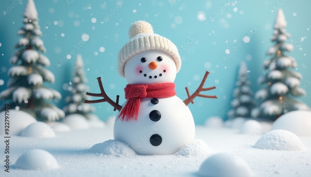 Cheerful snowman with a red scarf and beanie in a snowy landscape with evergreen trees. Cheerful snowman with a red scarf and beanie in a snowy landscape with evergreen trees.