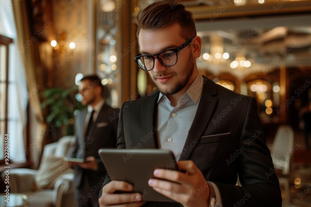 In a hotel room, a young elegant businessman in formal wear uses a tablet as a chambermaid stands behind him on the background In a hotel room, a young elegant businessman in formal wear uses a tablet as a chambermaid stands behind him on the background