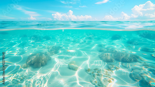 Photo of white sand seabed under crystal clear water, sun rays penetrating through water