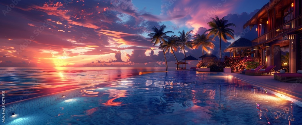 Fototapeta premium At night, a tropical resort pool looks luxurious. Stock photo