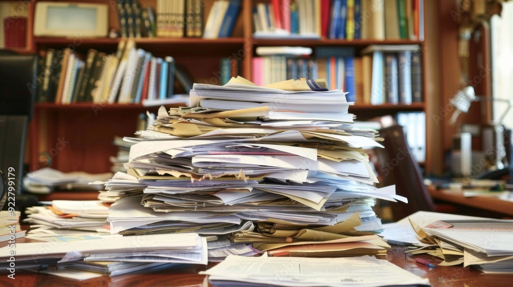 A chaotic stack of documents and papers on a cluttered office desk, showcasing the pressure of administrative tasks. A chaotic stack of documents and papers on a cluttered office desk, showcasing the pressure of administrative tasks.