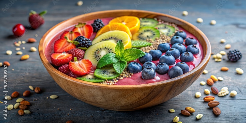 Nutritious smoothie bowl topped with superfoods in a biodegradable bowl, healthy, eco-friendly, sustainable